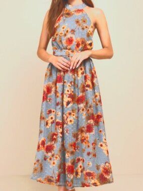 Lulu's (Size L) Multicolored Floral Print Halter Neck Open Back Dress (NEW-NWT)